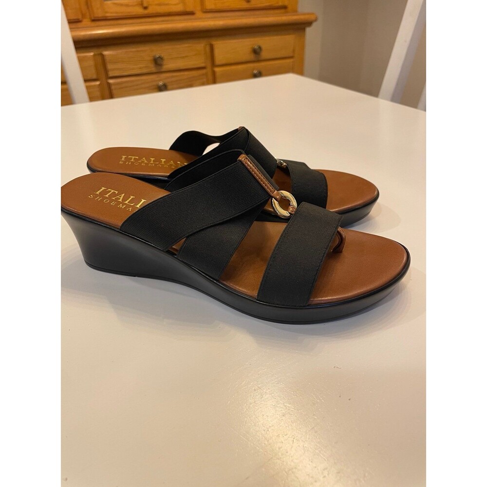 Italian Shoemakers Demiri Black Elastic Strappy Wedge Sandals Size 8.5 Italy EUC